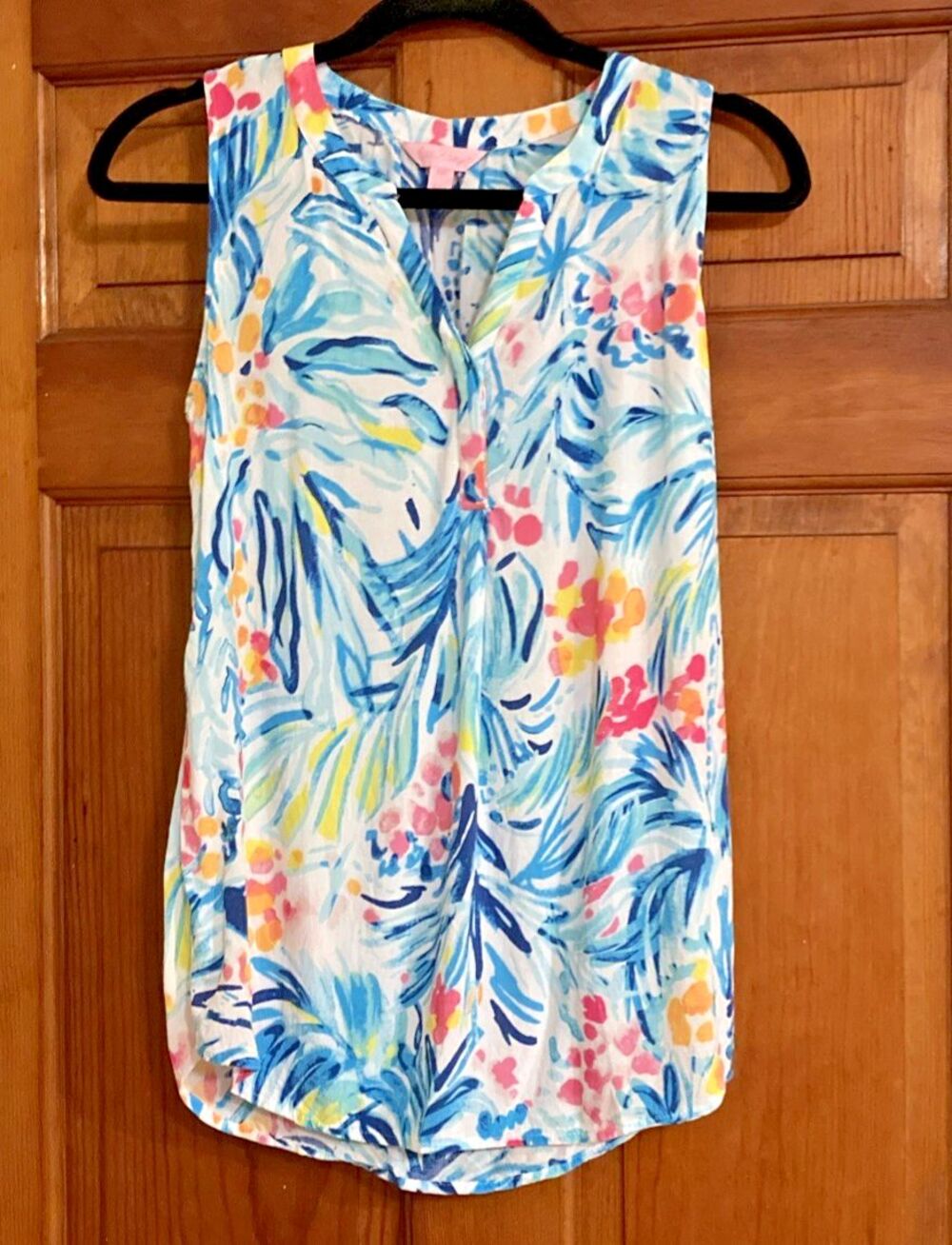 Lilly Pulitzer Womens XXS Blue Tropical‎ Floral Button V-Neck Sleeveless Blouse